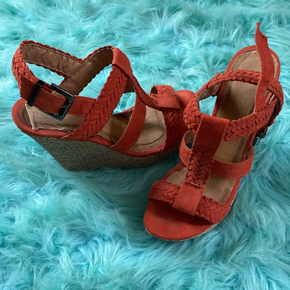 Orange suede wedge sandals